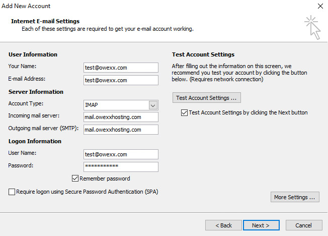 „Microsoft Outlook“ E-mail configuration 